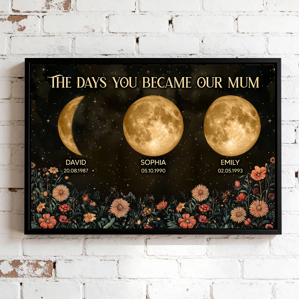 Vintage Flowers The Day You Become Mum Mom Grandma Custom Title And Nickname And Birth Moon Phase - Personalised Poster - Mother's Day Gift For Mum, Grandma