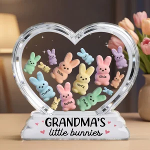 Grandma's Little Bunnies Colorful Bunnies In Heart 2d Flat - Personalized Acrylic Block Plaque - Easter Home Decor Gift For Grandma