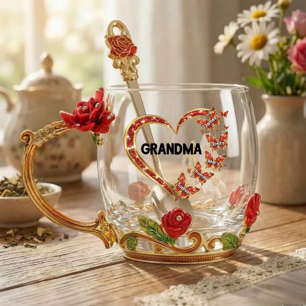 Grandma Butterflies Heart Custom Kids Names - Personalized Enamel Flower Tea Cup - Gift For Grandma, Mom