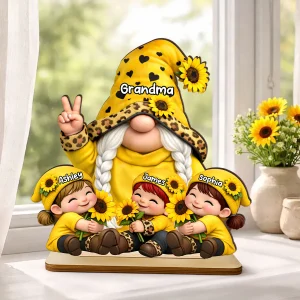 Gnome Grandma & Grandkids Sunflower - Personalized 2-layered Wooden Plaque - Sentimental Mother's Day Gift For Grandma